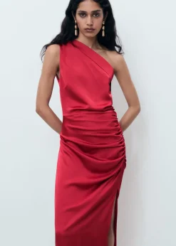 Clearance Asymmetrical satin dress with side Dame Kjoler