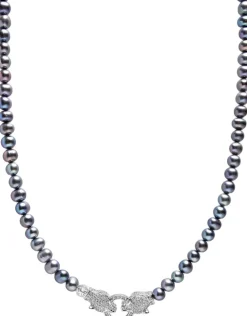Black Pearl Choker with Double Panther Head in Silver-Nialaya Outlet