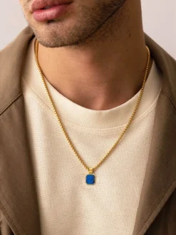 Sale Gold Necklace with Square Lapis Pendant Smykker