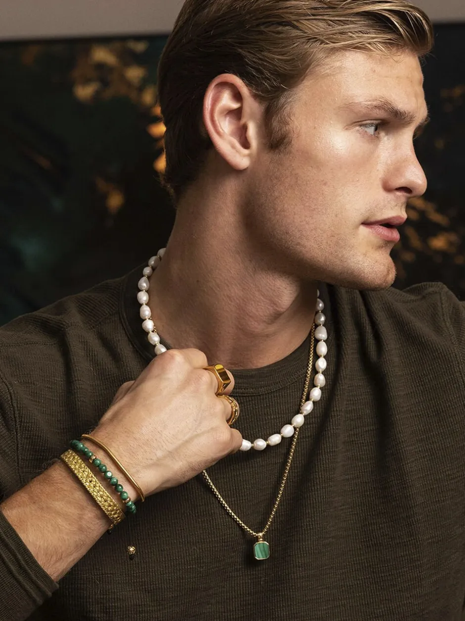 Hot Men's Beaded Bracelet with Malachite and Gold Plating Smykker