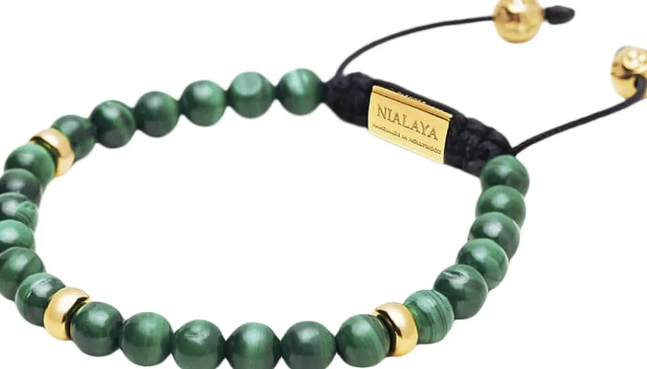 Hot Men's Beaded Bracelet with Malachite and Gold Plating Smykker