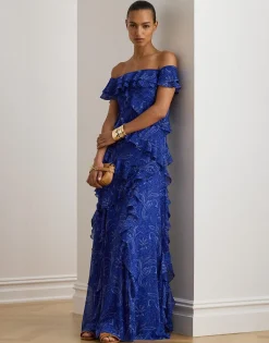 Clearance Print Ruffle-Trim Off-the-Shoulder Gown Dame Kjoler