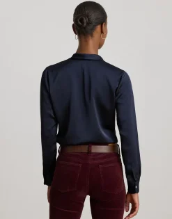 Discount Satin Charmeuse Tie-Neck Blouse Dame Bluser & Skjorter