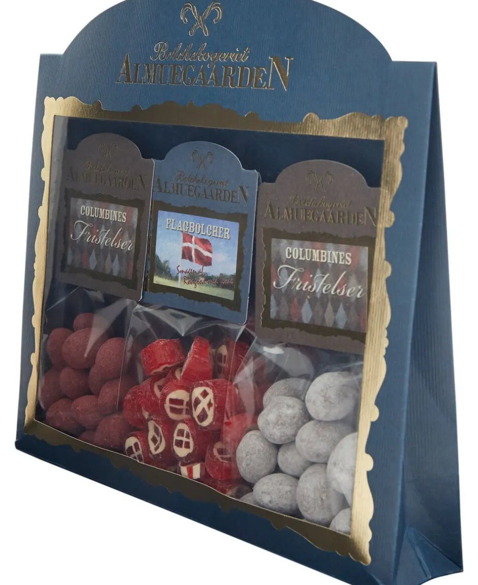 Almuegaarden Blandet Kurve|Bolcher>Tillykke-Gaveæske med danske flag bolcher og choko-mandler