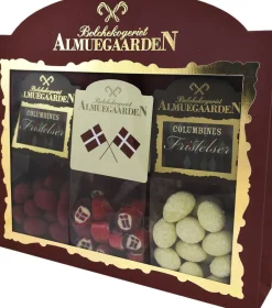 Clearance Tillykke-Gaveæske med flag bolcher, hindbær choko-mandeler og sne chok Bolcher